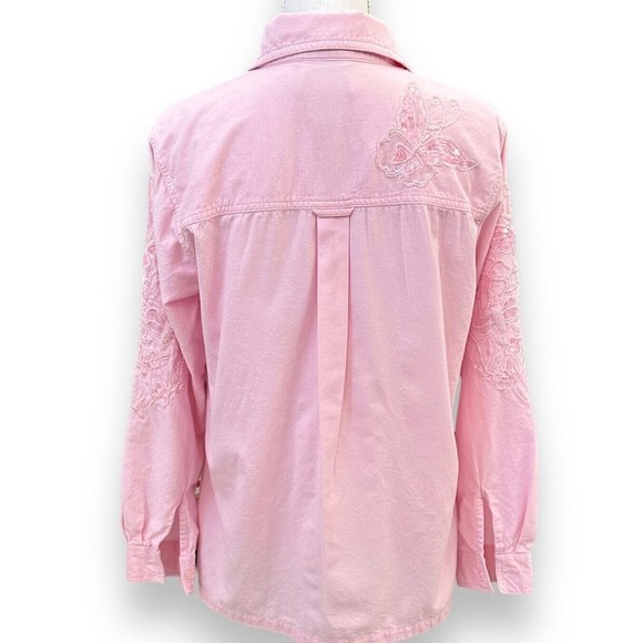 The Quacker Factory Shirt Floral Button Size M Soft Pink Sequin Embroidery Beads - Picture 3 of 15
